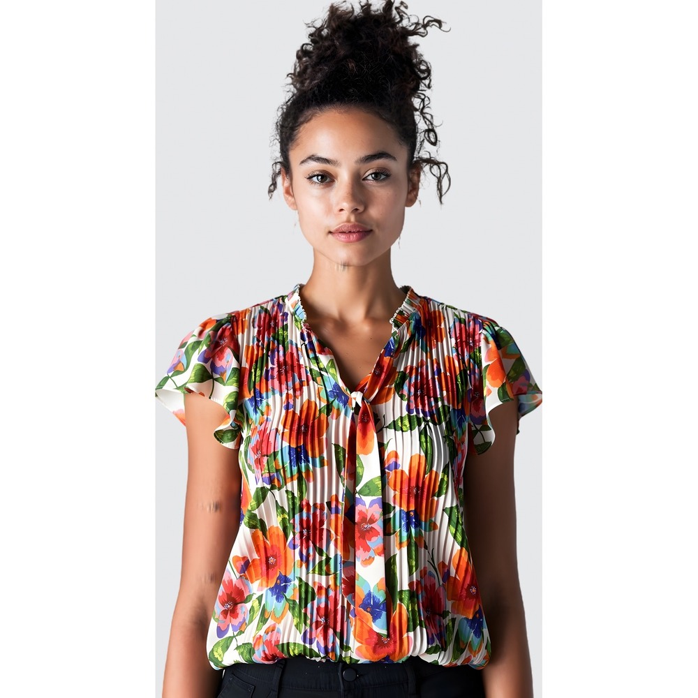 Sunny Leigh Floral Pleated Tie Neck Blouse Short Flutter Sleeve Top